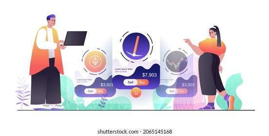 Cryptocurrency marketplace concept for web banner. Man and woman analyze data statistics, sell or buy bitcoins modern people scene. Vector illustration in flat cartoon design with person characters