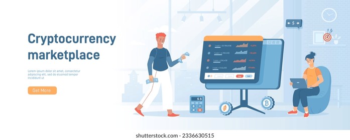 Cryptocurrency marketplace. Cyber banking, coin trading and transactions. Digital currency, blockchain. Flat concept great for social media promotional material. Website banner on white background.