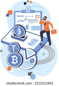 Cryptocurrency marketplace design with man crypto trader works with phone. Cryptocurrency investing platform. Bitcoin stock exchange vector online wallet and payments, digital money transactions