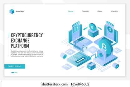 Cryptocurrency marketplace for exchange of Bitcoin and other digital crypto currencies. Cryptocurrency exchange platform landing page vector template. Isometric vector illustration