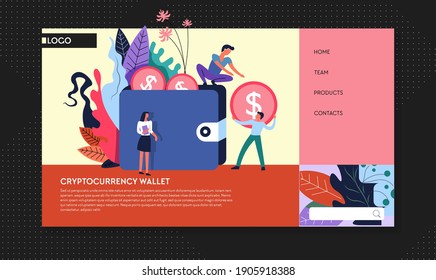 Cryptocurrency marketplace Internet web page template. Bitcoin stock exchange vector online wallet and payments laptop and computer finance man and woman programmers and IT developers site mockup