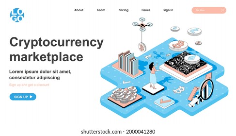 Cryptocurrency marketplace isometric concept. Woman sells or buys bitcoins, makes digital money, crypto business, line flat isometry web banner. Vector illustration in 3d design for landing page