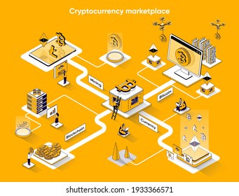 Banner web isométrico de Cryptocurrency Markplace. Concepto de isometría plana de la tecnología de bloqueo comercial. Dinero digital, minería de bitcoin 3d diseño de escena. Ilustración de vectores con personajes pequeños