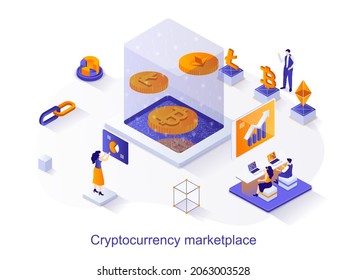 Cryptocurrency marketplace isometric web concept. People mining bitcoins and other digital money. Crypto business, financial transactions scene. Vector illustration for website template in 3d design