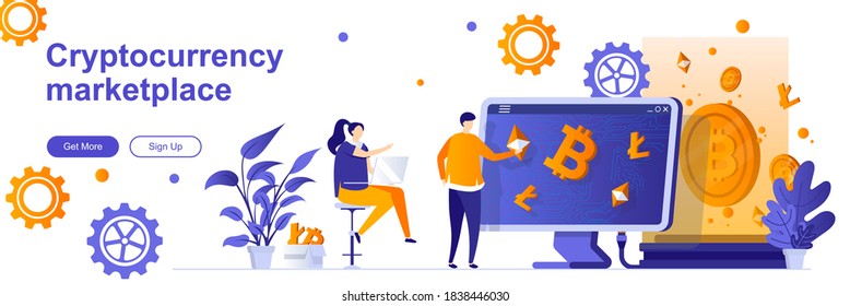 Cryptocurrency marketplace landing page with people. Blockchain technology web banner. Cryptocurrency trading platform vector illustration. Flat concept great for social media promotional materials.