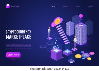 Cryptocurrency marketplace landing page vector template. Digital money exchange platform website homepage UI layout with isometric illustration. Blockchain technology web banner 3D concept