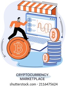 Cryptocurrency marketplace metaphor. Cryptocurrency investing platform. Bitcoin stock exchange online wallet and payments, digital money transactions. Crypto trading strategies. Exchange platform