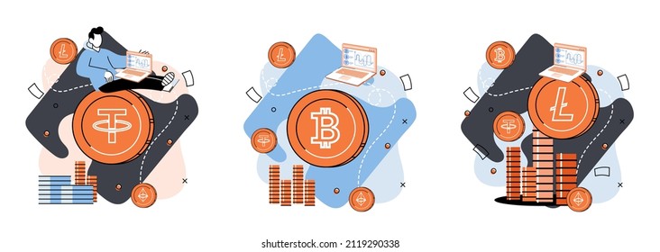 Cryptocurrency marketplace metaphor. Cryptocurrency investing platform. Bitcoin stock exchange online wallet and payments, digital money transactions. Crypto trading strategies. Exchange platform