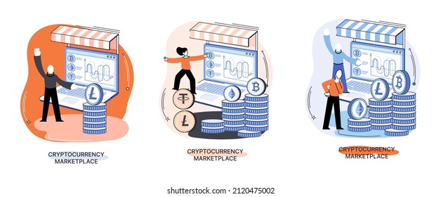 Cryptocurrency marketplace metaphor. Cryptocurrency investing platform. Bitcoin stock exchange online wallet and payments, digital money transactions. Crypto trading strategies. Exchange platform