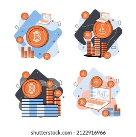 Cryptocurrency marketplace metaphor. Cryptocurrency investing platform. Bitcoin stock exchange online wallet and payments, digital money transactions. Crypto trading strategies. Exchange platform