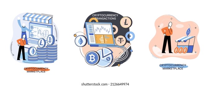 Cryptocurrency marketplace metaphor. Cryptocurrency investing platform. Bitcoin stock exchange online wallet and payments, digital money transactions. Crypto trading strategies. Exchange platform