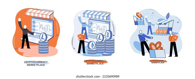 Cryptocurrency marketplace metaphor. Cryptocurrency investing platform. Bitcoin stock exchange online wallet and payments, digital money transactions. Crypto trading strategies. Exchange platform