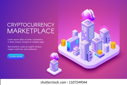 Cryptocurrency marketplace vector illustration of bitcoin mining farm in smart city vector for blockchain technology. Digital cloud network for crypto currency concept on purple ultraviolet background