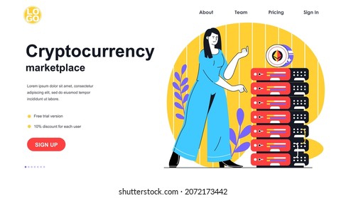 Cryptocurrency marketplace web banner concept. Woman earning bitcoins on mining farm with server racks, hardware computing, landing page template. Vector illustration with people scene in flat design