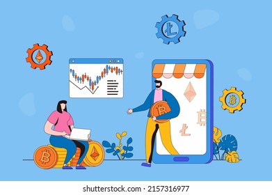 Cryptocurrency marketplace web concept in flat 2d design. Man and woman analysing financial data, trading on virtual crypto market, make operations with bitcoins. Vector illustration with people scene