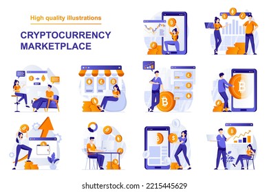 Cryptocurrency marketplace web concept with people scenes set in flat style. Bundle of analysing financial data, buying bitcoins, crypto market operations. Vector illustration with character design