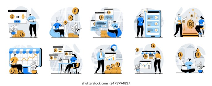 Cryptocurrency marketplace web concept with people scenes mega set in flat design. Bundle of character situations with trading on virtual crypto market and bitcoins investments. Vector illustrations.