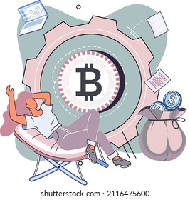 Cryptocurrency marketplace with woman crypto trader works on financial exchange. Cryptocurrency investing platform. Bitcoin stock exchange vector online wallet and payments, digital money transactions