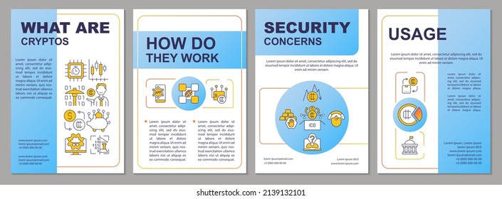 Criptodivisa que significa plantilla de folleto azul. Cómo funciona la criptografía. Diseño del prospecto con iconos lineales. 4 diseños vectoriales para presentación, informes anuales. Fuentes ariales, infinitas Pro-regulares usadas