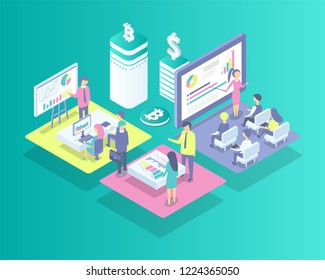 Cryptocurrency meeting of people isolated icons vector. Bitcoin and dollar currency on pedestal, financial problems and results. Man and woman working