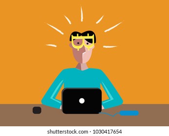 Cryptocurrency Miner concept. Young Man uses Bitcoin glasses. Editable Clip Art. 