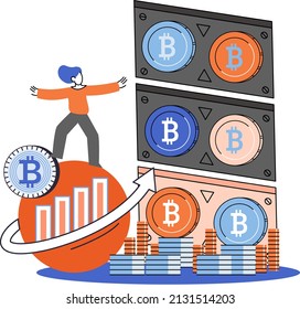 Cryptocurrency miner or trader, stock exchange player, bitcoin investor analyzes sales with charts. Successful businessman moving up with golden bitcoin coin on background of virtual electronic money