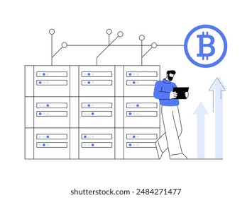 Cryptocurrency mining abstract concept vector illustration. Man deals with bitcoin mining, maintenance and development of the blockchain ledger, new cryptocurrency creation abstract metaphor.