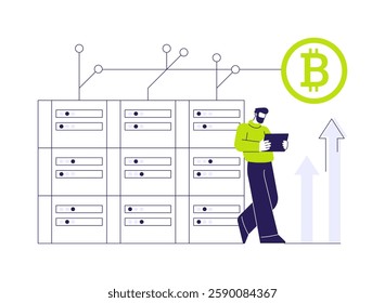 Cryptocurrency mining abstract concept vector illustration. Man deals with bitcoin mining, maintenance and development of the blockchain ledger, new cryptocurrency creation abstract metaphor.