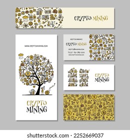 Cryptocurrency, mining bitcoins. Concept art for your business. Creative ideas for cards, banner, web, promotional materials. Corporate identity template. Vector illustration