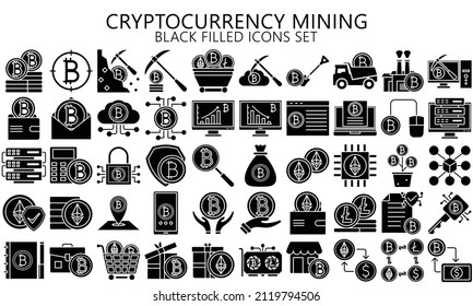 Cryptocurrency mining black filled color icon set. fintech pictograms for web and mobile app GUI. Blockchain technology simple UI, UX and applications, vector EPS 10 ready convert to SVG. svg