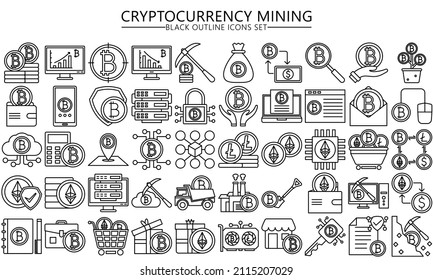 Cryptocurrency mining black outline icon set. bitcoin, litecoin, ethereum, fintech pictograms for web and mobile app GUI. Blockchain technology simple UI, UX vector icons, EPS 10 ready convert to SVG svg