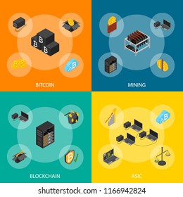 Cryptocurrency Mining Blockchain 3d Banner Set Isometric View Include of Farm, Wallet, Private Key, Pool and Asic. Vector illustration