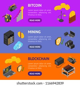 Cryptocurrency Mining Blockchain 3d Banner Horizontal Set Isometric View Include of Farm, Wallet, Private Key, Pool and Asic. Vector illustration