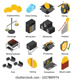 Cryptocurrency Mining Blockchain 3d Icons Set Isometric View Include of Farm, Wallet, Private Key, Pool and Asic. Vector illustration