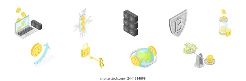 Cryptocurrency Mining Blockchain with Bitcoin Isometric Vector Set