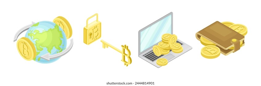 Cryptocurrency Mining Blockchain with Bitcoin Isometric Vector Set