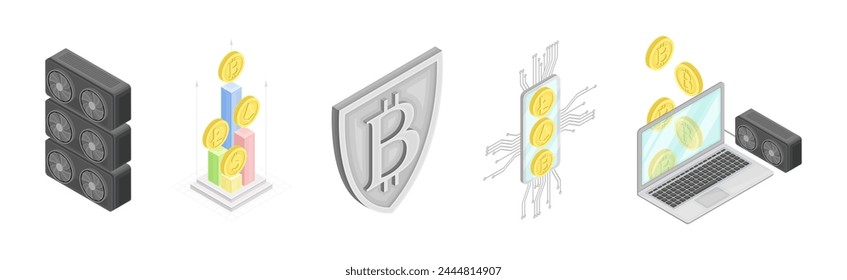Cryptocurrency Mining Blockchain with Bitcoin Isometric Vector Set