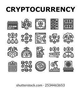 cryptocurrency mining blockchain icons set vector. hashrate gpu, rig pool, wallet decentralized, consensus, proof cryptocurrency mining blockchain black contour illustrations