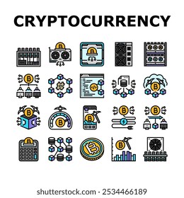 cryptocurrency mining blockchain icons set vector. hashrate gpu, rig pool, wallet decentralized, consensus, proof cryptocurrency mining blockchain color line illustrations