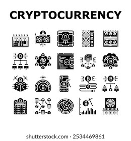 cryptocurrency mining blockchain icons set vector. hashrate gpu, rig pool, wallet decentralized, consensus, proof cryptocurrency mining blockchain glyph pictogram Illustrations