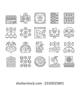 Conjunto de iconos de blockchain de minería de criptomonedas GPU de hashrate, rig pool, billetera descentralizada, consenso, prueba de Vector de minería de criptomonedas Blockchain Black Contour Ilustraciones