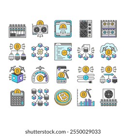 Vector Conjunto de iconos de blockchain de minería de criptomonedas GPU de hashrate, grupo de plataformas, billetera descentralizada, consenso, prueba de minería de criptomonedas Ilustraciones de línea de color de blockchain