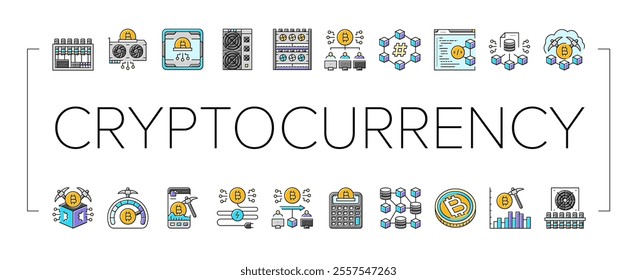 cryptocurrency mining blockchain icons set vector. hashrate gpu, rig pool, wallet decentralized, consensus, proof cryptocurrency mining blockchain color line illustrations