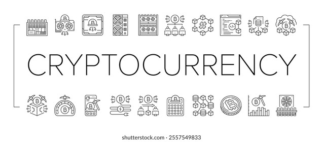 cryptocurrency mining blockchain icons set vector. hashrate gpu, rig pool, wallet decentralized, consensus, proof cryptocurrency mining blockchain black contour illustrations