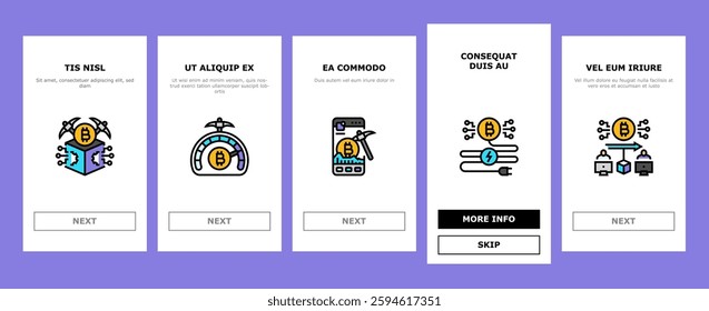 cryptocurrency mining blockchain onboarding mobile vector hashrate gpu, rig pool, wallet decentralized, consensus, proof cryptocurrency mining blockchain illustrations