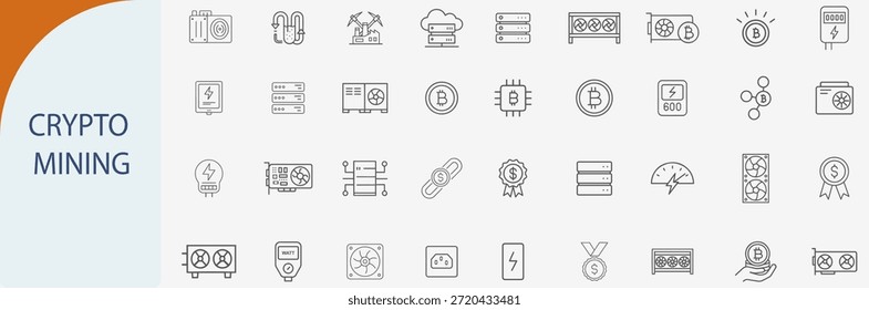 Iconos de la tecnología de minería de criptomonedas y blockchain, estilo de arte de línea gris mínimo