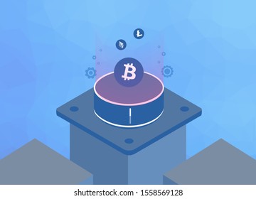 Cryptocurrency mining and Blockchain techology isometric concept. Digital money vector illustration. Bitcoin, Litecoin, Ethereum crypto currency mining farm website template and landing page.