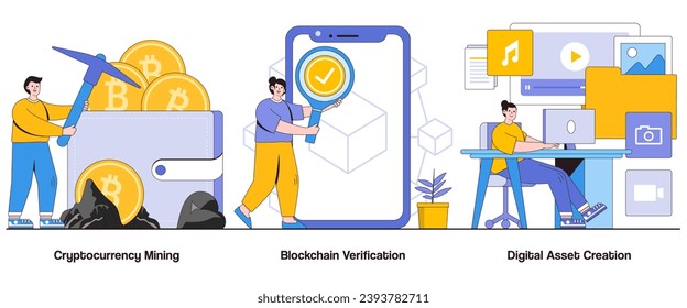 Cryptocurrency mining, blockchain verification, digital asset creation concept with character. Crypto mining abstract vector illustration set. Blockchain validation, mining operations metaphor.