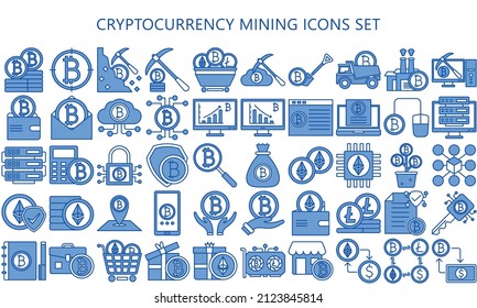 Cryptocurrency mining blue color icon set. bitcoin, ethereum, fintech pictograms for web and mobile app GUI. Blockchain technology simple UI, UX and applications, vector EPS 10 ready convert to SVG. svg