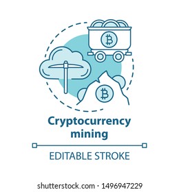 Cryptocurrency mining blue concept icon. Electronic money idea thin line illustration. Cryptomining, blockchain. Digital currency transaction. Vector isolated outline drawing. Editable stroke